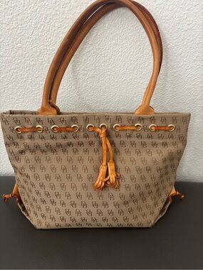 Dooney & Bourke Beige Logo Tote with Cognac Trim